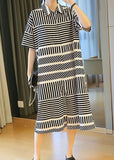 Momentlover Loose Black Peter Pan Collar Striped Side Open Shirt Dress Summer LY1491