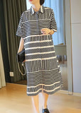 Momentlover Loose Black Peter Pan Collar Striped Side Open Shirt Dress Summer LY1491