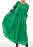 Momentlover Loose Green O Neck Wrinkled Patchwork Cotton Dresses Spring LY1144