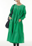 Momentlover Loose Green O Neck Wrinkled Patchwork Cotton Dresses Spring LY1144