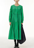 Momentlover Loose Green O Neck Wrinkled Patchwork Cotton Dresses Spring LY1144