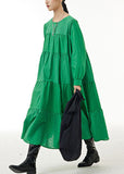 Momentlover Loose Green O Neck Wrinkled Patchwork Cotton Dresses Spring LY1144
