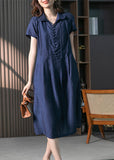 Momentlover Loose Navy Peter Pan Collar Button Solid Long Dresses Short Sleeve LY1759