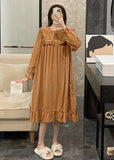 Momentlover Loose Orange Sailor Collar Patchwork Wrinkled Solid Cotton Maxi Dress Long Sleeve LY1969