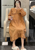 Momentlover Loose Orange Sailor Collar Patchwork Wrinkled Solid Cotton Maxi Dress Long Sleeve LY1969