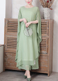 Momentlover Loose Pea Green O-Neck Chiffon Maxi Dresses Spring LY1776