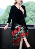 Momentlover Modern Black V Neck Floral Patchwork Hollow Out Silk Velour Dress Spring LY1694