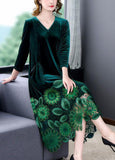 Momentlover Modern Black V Neck Floral Patchwork Hollow Out Silk Velour Dress Spring LY1694