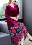 Momentlover Modern Black V Neck Floral Patchwork Hollow Out Silk Velour Dress Spring LY1694