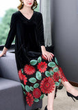 Momentlover Modern Black V Neck Floral Patchwork Hollow Out Silk Velour Dress Spring LY1694
