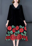 Momentlover Modern Black V Neck Floral Patchwork Hollow Out Silk Velour Dress Spring LY1694