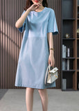 Momentlover Modern Blue O-Neck Patchwork Cotton Maxi Dresses Short Sleeve LY1766