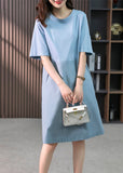 Momentlover Modern Blue O-Neck Patchwork Cotton Maxi Dresses Short Sleeve LY1766