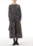 Momentlover Modern Blue Stand Collar Print Wrinkled Patchwork Cotton Dresses Spring LY1152