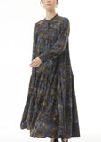 Momentlover Modern Blue Stand Collar Print Wrinkled Patchwork Cotton Dresses Spring LY1152