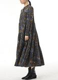 Momentlover Modern Blue Stand Collar Print Wrinkled Patchwork Cotton Dresses Spring LY1152
