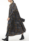 Momentlover Modern Blue Stand Collar Print Wrinkled Patchwork Cotton Dresses Spring LY1152