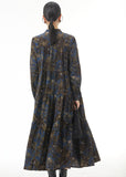 Momentlover Modern Blue Stand Collar Print Wrinkled Patchwork Cotton Dresses Spring LY1152