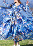 Momentlover Modern Blue V Neck Print Tie Waist Chiffon Holiday Long Dress Long Sleeve LY1761