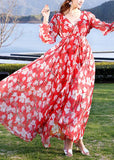 Momentlover Modern Blue V Neck Print Tie Waist Chiffon Holiday Long Dress Long Sleeve LY1761