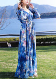 Momentlover Modern Blue V Neck Print Tie Waist Chiffon Holiday Long Dress Long Sleeve LY1761