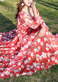 Momentlover Modern Blue V Neck Print Tie Waist Chiffon Holiday Long Dress Long Sleeve LY1761