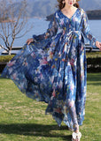 Momentlover Modern Blue V Neck Print Tie Waist Chiffon Holiday Long Dress Long Sleeve LY1761