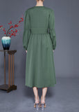 Momentlover Modern Green V Neck Cinched Patchwork Button Silk Dress Spring LY1947