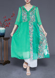 Momentlover Modern Green V Neck Ruffled Patchwork Print Chiffon Dress Half Sleeve LY1764