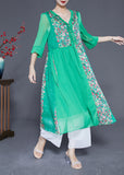 Momentlover Modern Green V Neck Ruffled Patchwork Print Chiffon Dress Half Sleeve LY1764