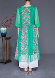 Momentlover Modern Green V Neck Ruffled Patchwork Print Chiffon Dress Half Sleeve LY1764