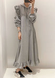 Momentlover Modern Grey Hooded Ruffled Patchwork Cotton Dresses Spring LY1761