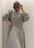 Momentlover Modern Grey Hooded Ruffled Patchwork Cotton Dresses Spring LY1761
