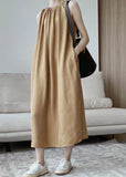 Momentlover Modern Khaki O-Neck Wrinkled Cotton A Line Holiday Dress Sleeveless LY1767