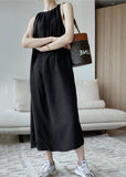 Momentlover Modern Khaki O-Neck Wrinkled Cotton A Line Holiday Dress Sleeveless LY1767