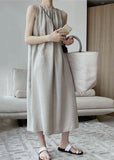Momentlover Modern Khaki O-Neck Wrinkled Cotton A Line Holiday Dress Sleeveless LY1767