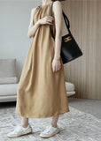 Momentlover Modern Khaki O-Neck Wrinkled Cotton A Line Holiday Dress Sleeveless LY1767