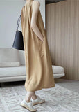 Momentlover Modern Khaki O-Neck Wrinkled Cotton A Line Holiday Dress Sleeveless LY1767