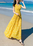 Momentlover Modern Yellow V Neck Print Chiffon Long Dress Short Sleeve LY1762