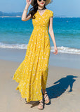 Momentlover Modern Yellow V Neck Print Chiffon Long Dress Short Sleeve LY1762