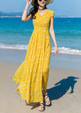 Momentlover Modern Yellow V Neck Print Chiffon Long Dress Short Sleeve LY1762