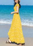 Momentlover Modern Yellow V Neck Print Chiffon Long Dress Short Sleeve LY1762