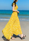 Momentlover Modern Yellow V Neck Print Chiffon Long Dress Short Sleeve LY1762