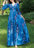 Momentlover Natural Blue V Neck Print Chiffon Long Holiday Dress Long Sleeve LY1772