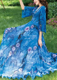 Momentlover Natural Blue V Neck Print Chiffon Long Holiday Dress Long Sleeve LY1772