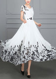Momentlover Natural White V Neck Print High Waist Chiffon Long Beach Dress Summer LY1799