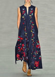 Momentlover New Navy V Neck Print Chiffon Long Dress Sleeveless LY1925