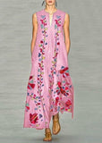 Momentlover New Navy V Neck Print Chiffon Long Dress Sleeveless LY1925