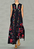 Momentlover New Navy V Neck Print Chiffon Long Dress Sleeveless LY1925