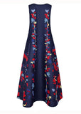 Momentlover New Navy V Neck Print Chiffon Long Dress Sleeveless LY1925